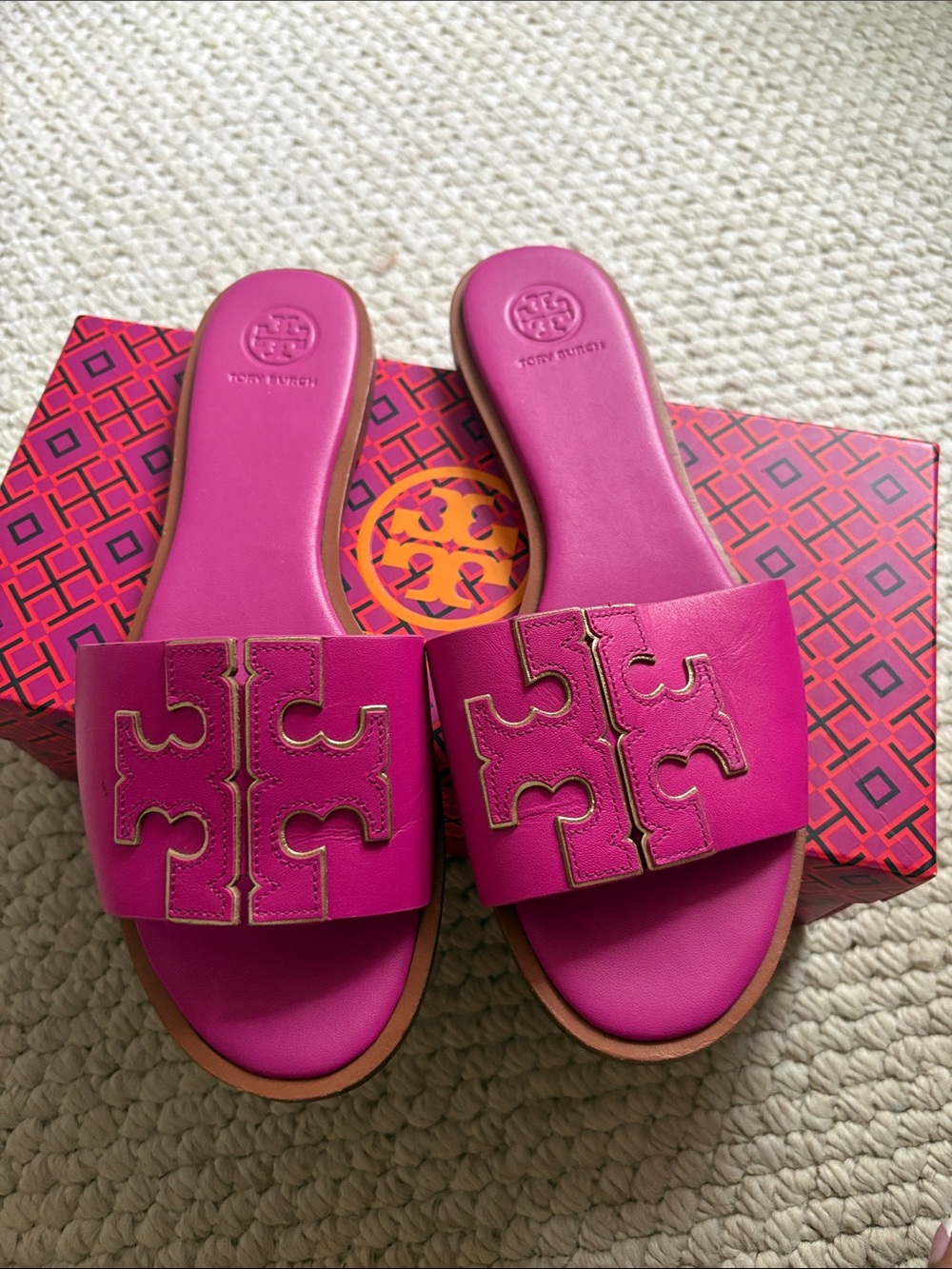 Tory Burch Hot Pink Logo Slide Sandals
